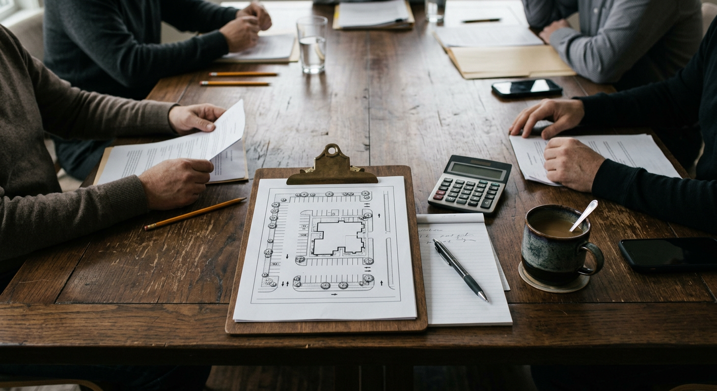 A site plan, calculator, and notepad laid out on a conference table at a board meeting