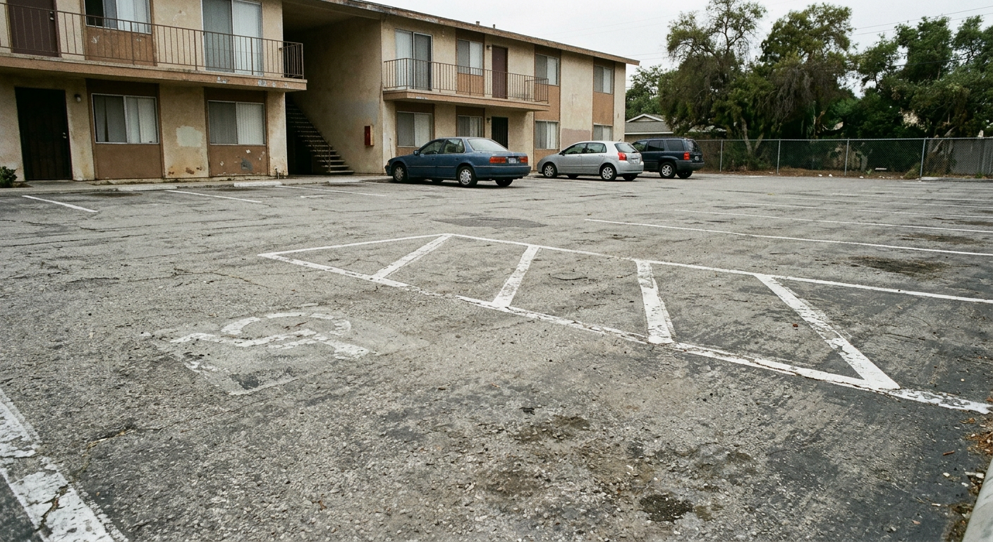 A sun-faded apartment parking lot with chalky, peeling white stall lines